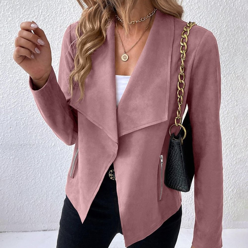 New Waterfall Collar Open Front Suedette Jacket Pink